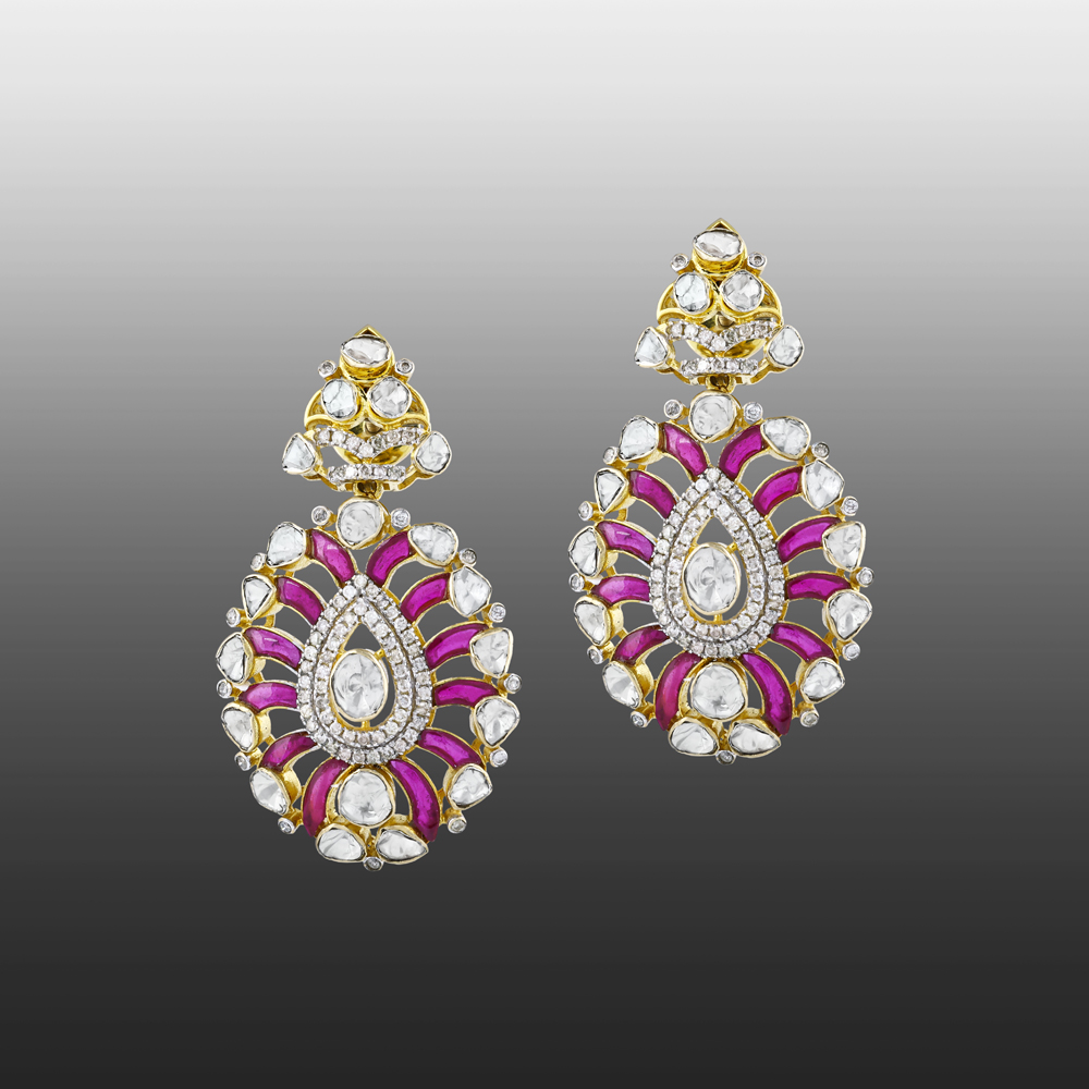 Polki Earrings with Red Talaf and Sparkling Diamonds